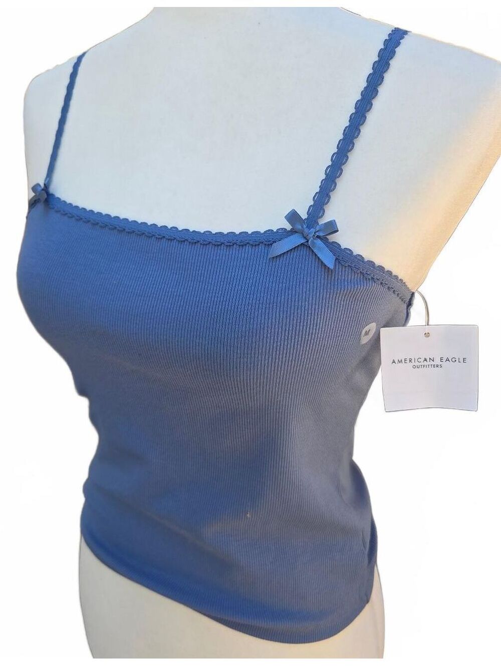 Y2K American Eagle New With Tags Blue Ribbed Cami Top Lace Trim Bows Coquette M